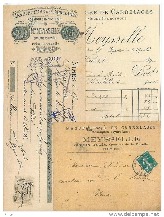Document Commercial - FACTURE + Enveloppe + Mandat - Manufacture De Carrelages MEYSSELLE à NIMES - 1900 – 1949
