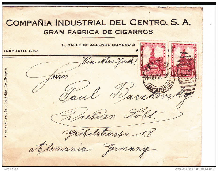 MEXIQUE - 1925 - ENVELOPPE COMMERCIALE (CIGARES) De IRAPUATO Pour DRESDEN (GERMANY) - TIMBRES PERCES EN LIGNES - Messico