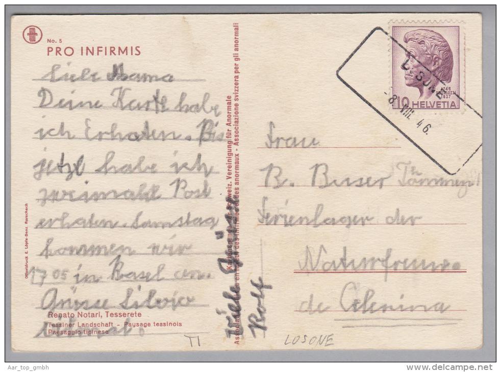 Heimat TI Losone 1946-08-08 Aushilfsstempel Auf Ansichtskarte - Storia Postale