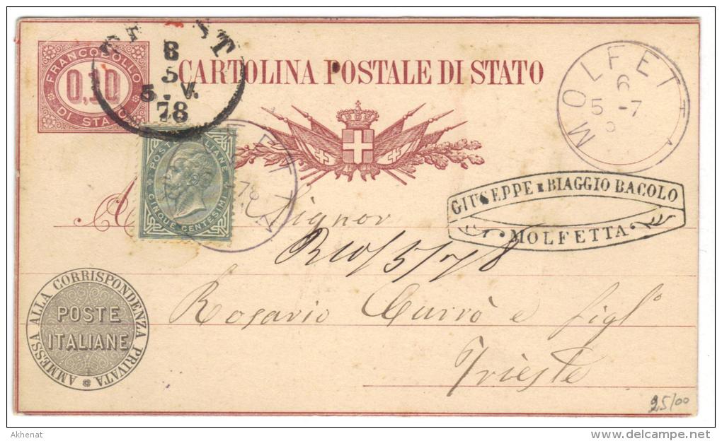 500/52 - REGNO 1878 , Cartolina Postale Di Stato Da Molfetta Per Trieste - Entiers Postaux