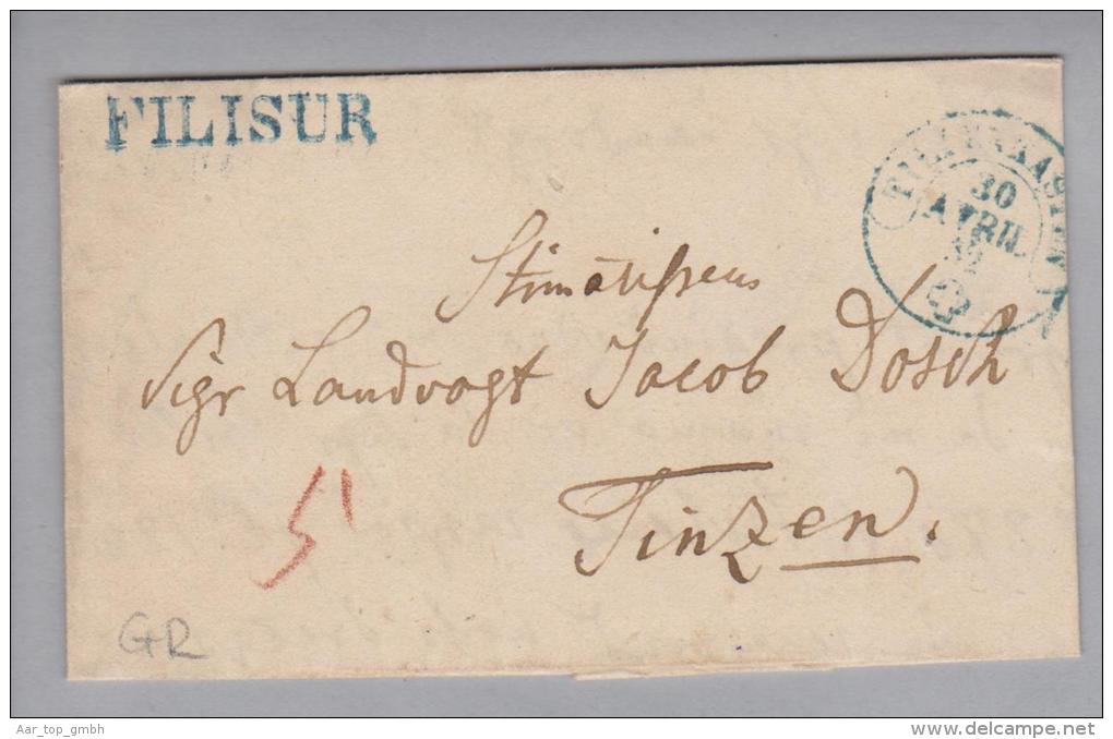 Heimat GR Filisur 1852-04-30 Langstempel Blau Brief Nach Tinzen - 1843-1852 Kantonalmarken Und Bundesmarken