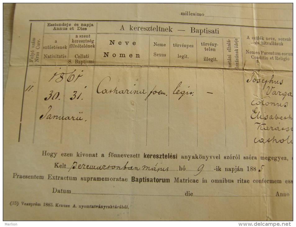 Hungary - Peremarton - (Berhida) 1885 - Catharina - Josephus Varga - Elisabetha Karácson  TM033.7 - Naissance & Baptême
