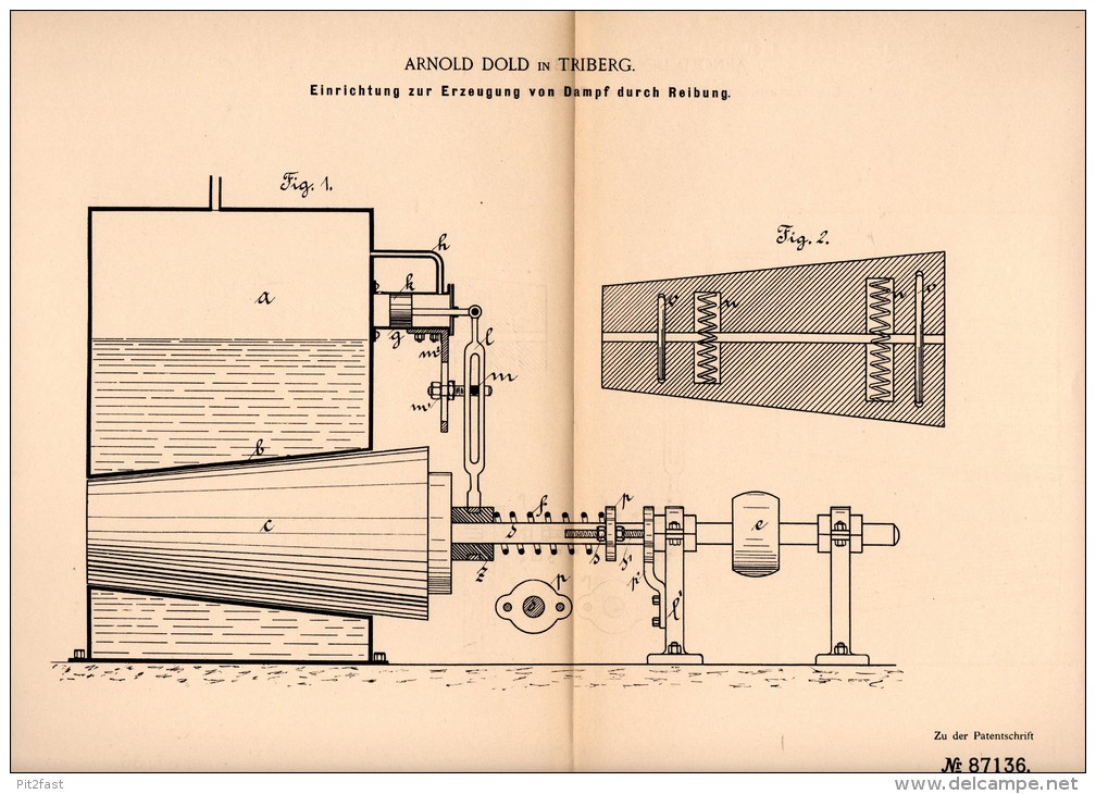 Original Patentschrift - A. Dold In Triberg , 1895 , Apparat Zur Erzeugung Von Dampf Durch Reibung !!! - Maschinen