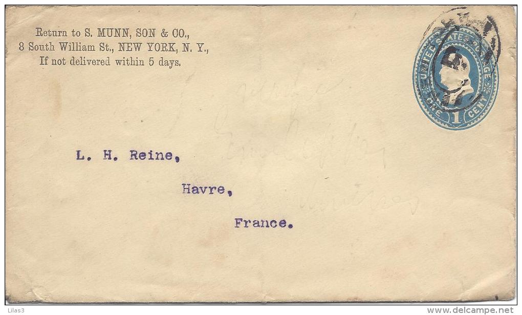 Enveloppe 1c Bleu Cachet Ovale New York P Pour La France - ...-1900