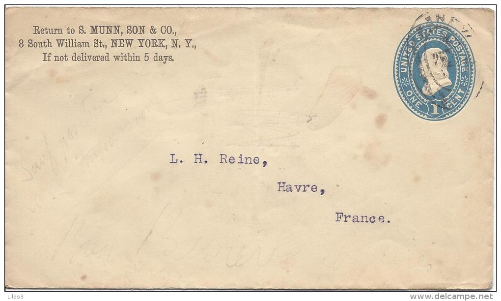 Enveloppe 1c Bleu Cachet Ovale New York P Faible Pour La France - ...-1900