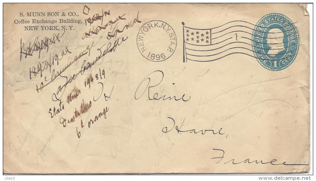 1c Bleu New York N.Y. STAT P 1896 Flamme étoile Et 1 Dans Les Lignes Mais écriture Sur L'enveloppe Pour La France - ...-1900