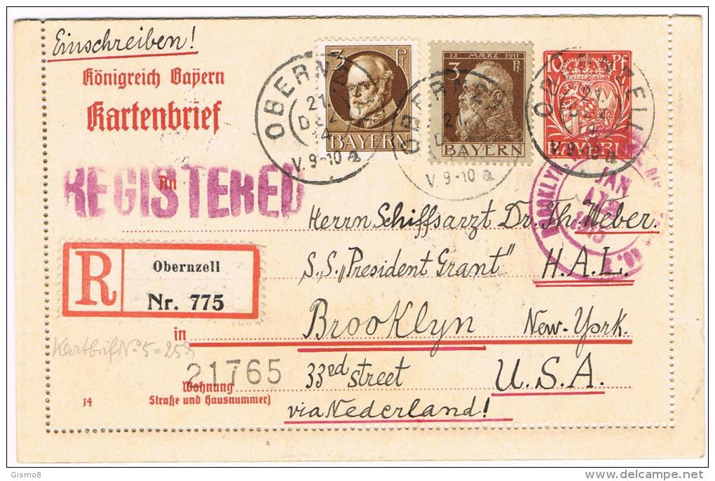 Kartenbrief 10 Pfg. Mit Zfr. Registered Von Obernzell/BY Nach Brooklyn N.Y. 21.Dec.1914 , Interessante Stempel - Sonstige & Ohne Zuordnung