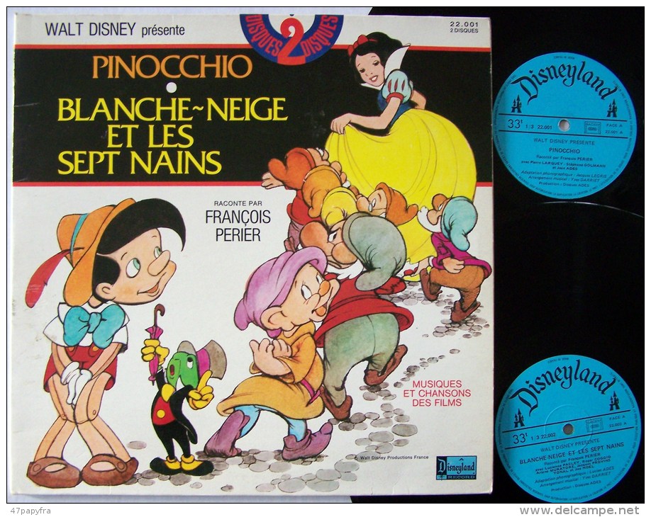 Double LP Enfant Walt DISNEY PINOCCHIO Blanche Neige & Les 7 Nains F PERIER - Kinderen