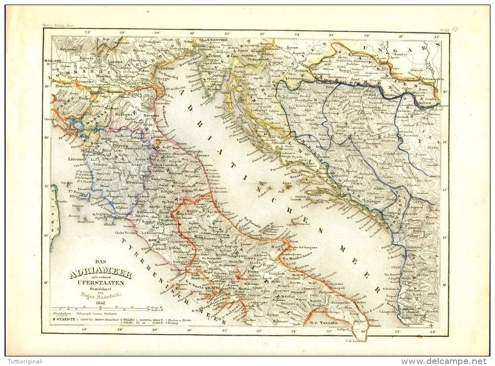 Very Old Map 1852. Das Adria Meer Mit Seiner Uferstaaten Adriatic See With Harbor - Mapas Geográficas