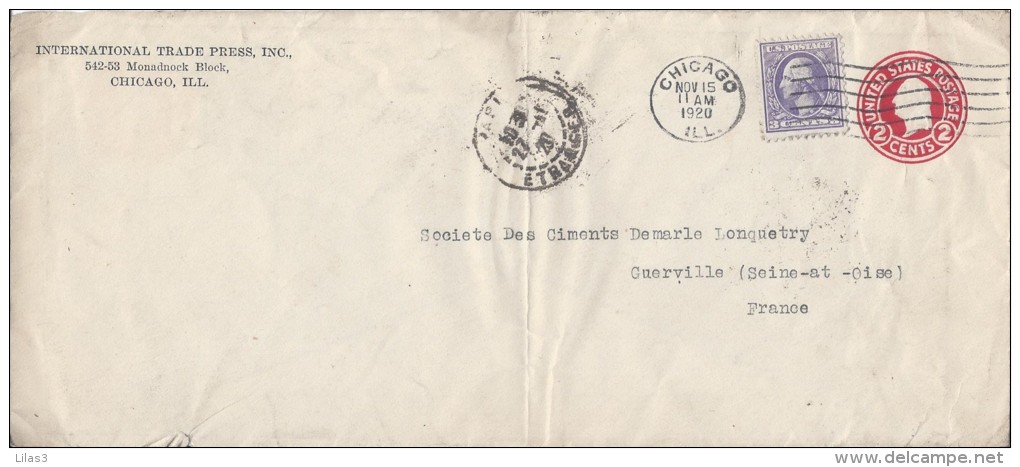 2c Rouge Avec Complément D'affranchissement Chicago 15/11/1920 Pour Cuerville France Arrivée Paris étranger - 1901-20