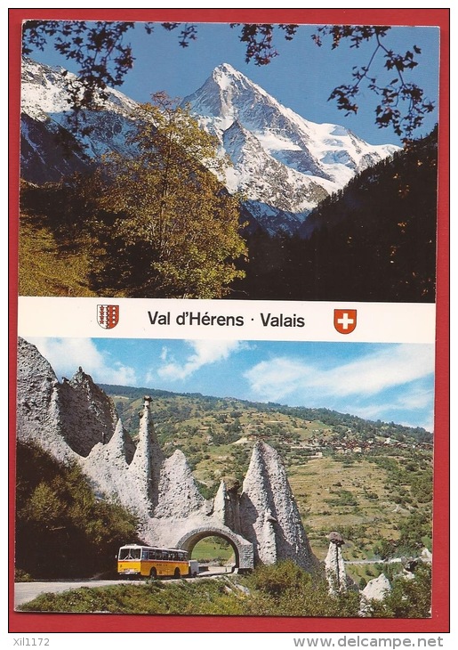 AVS-059  Val D'Hérens Pyramides D'Euseigne, Car Postal, Postauto, Hérémence, Dent Blanche. Cachet Militaire - Hérémence