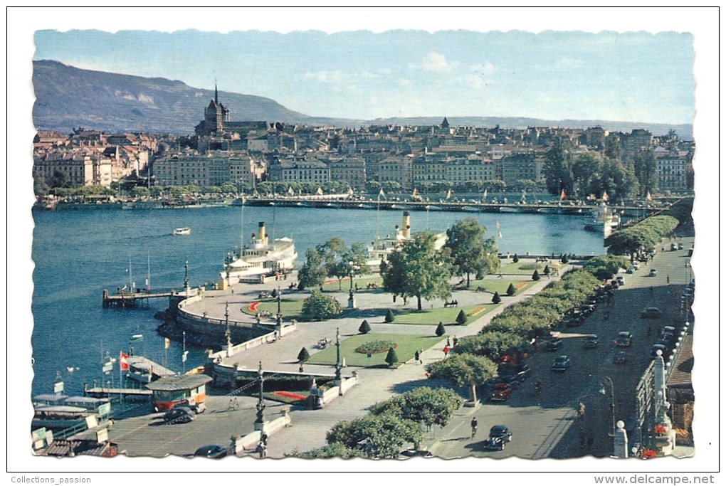 Cp, Suisse, Genève, Vue Générale Sur Le Quai Du Mont-Blanc, La Rade Et La Ville, Voyagée 1958 - Genève