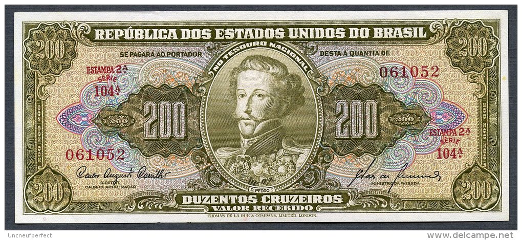 Brésil P 163 200 Cruzeiros 1960 UNC Série 104 N° 061052 Très RARE !!! - Brasil