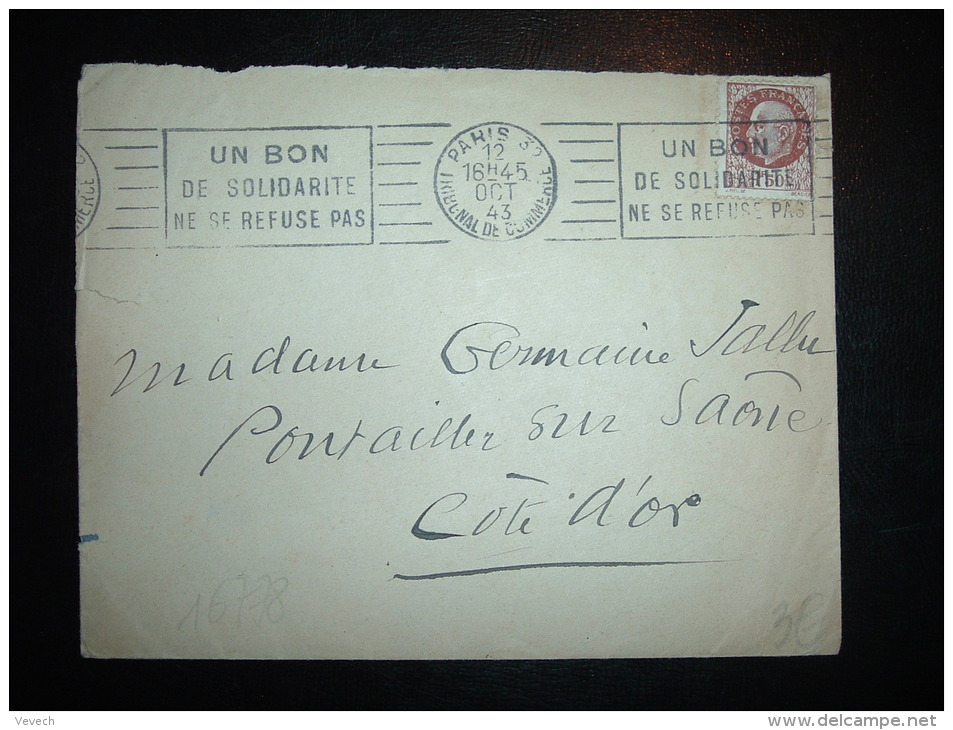 LETTRE TP PETAIN 1F50 OBL.MEC. 12 OCT 43 PARIS 32 (75) + PROPAGANDE - Guerre De 1939-45