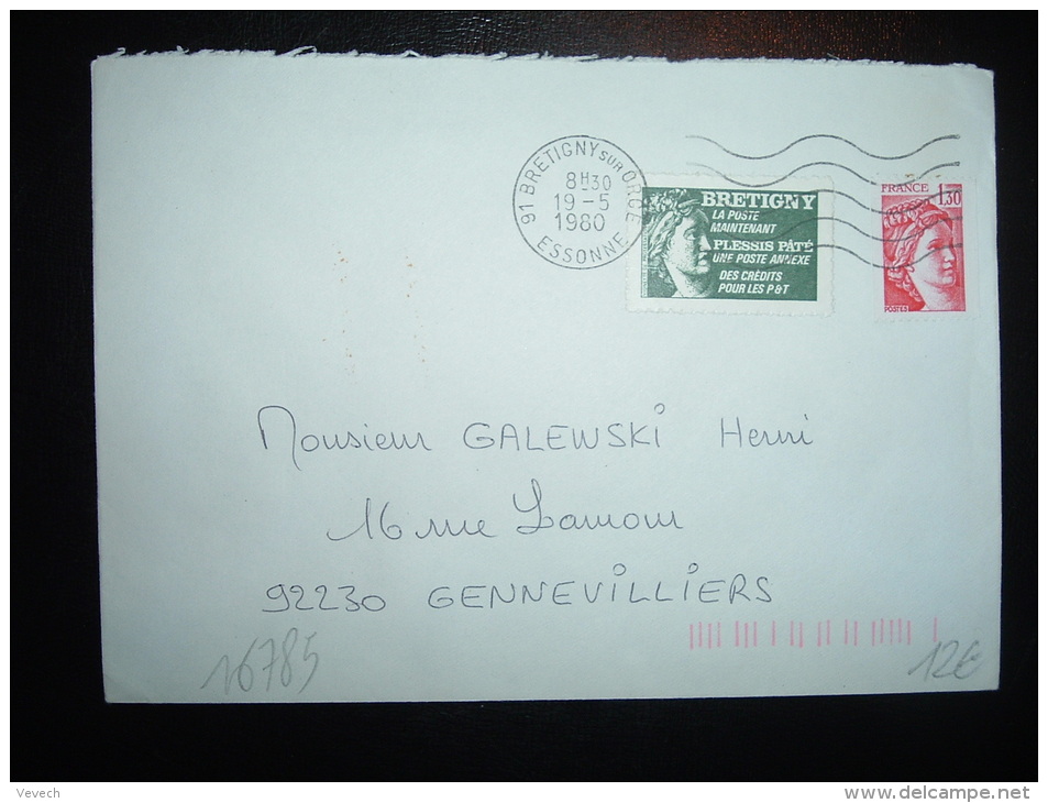 LETTRE TP SABINE DE GANDON 1,30F ROULETTE + VIGNETTE BRETIGNY OBL.MEC. 19-5-1980 BRETIGNY SUR ORGE (91 ESSONNE) - Cartas & Documentos