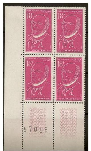 1957 N°1092 Neuf Xx BLOC DE 4 Avec N°au Bord De Feuille Serie-Victor Schoelcher - Unused Stamps