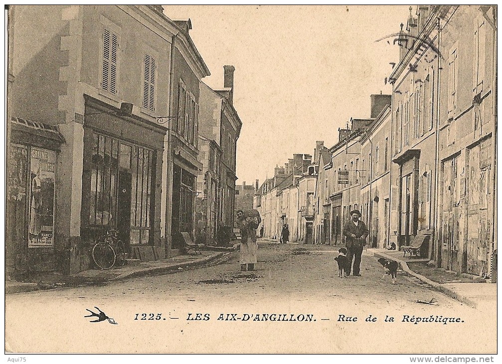 LES AIX D'ANGILLON    Rue De La République (animation,commerce,affiches,transport Sur L'épaule) - Les Aix-d'Angillon