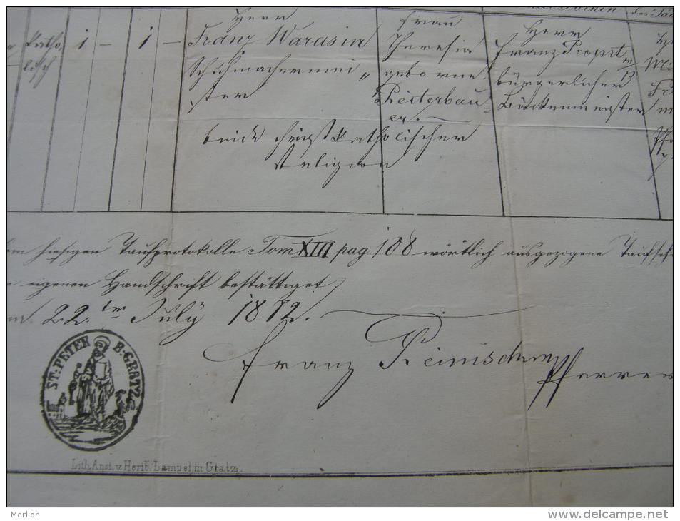 Old Paper -Austria - St.Peter Bei Gratz - GRAZ - Ferdinand -Franz Warasin - Reiterbau 1872 DC3.3 - Birth & Baptism