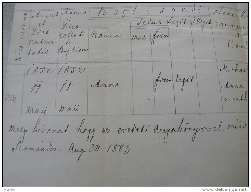 Old Paper - Hungary - ROMÁND - Györ-Moson -Sopron - Anna -Michael Tóth -Anna Rádler -Károly Szelmájer 1883 DC3.5 - Geboorte & Doop