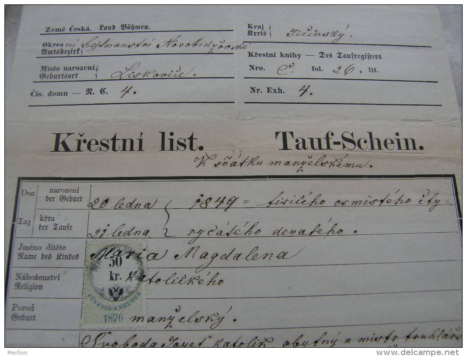 Old Paper -Czech Rep.  Liskovice - Maria Magdalena Svoboda - 1874   DC5.6 - Geburt & Taufe