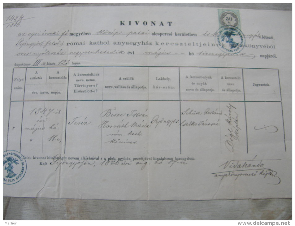 Old Paper - Hungary -Gyöngyös - Heves - Teréz - István Besze - Mária Horváth  1876   DC5.7 - Geboorte & Doop