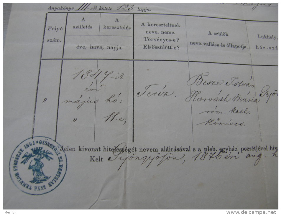 Old Paper - Hungary -Gyöngyös - Heves - Teréz - István Besze - Mária Horváth  1876   DC5.7 - Birth & Baptism