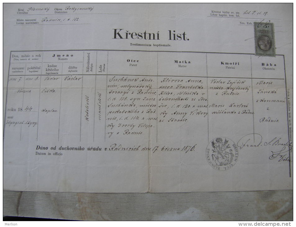 Old Paper - Czech Rep. Radnice -Rokcany - Plzen - Václav Suchánek - Anna Klírova  1876  DC5.8 - Birth & Baptism