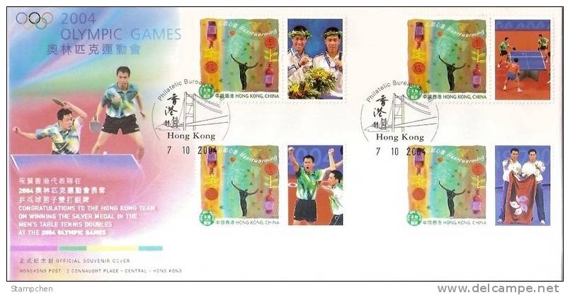 2004 Hong Kong Cover: Athens Olympic Games Win Silver Medal FDC Table Tennis - Estate 2004: Atene