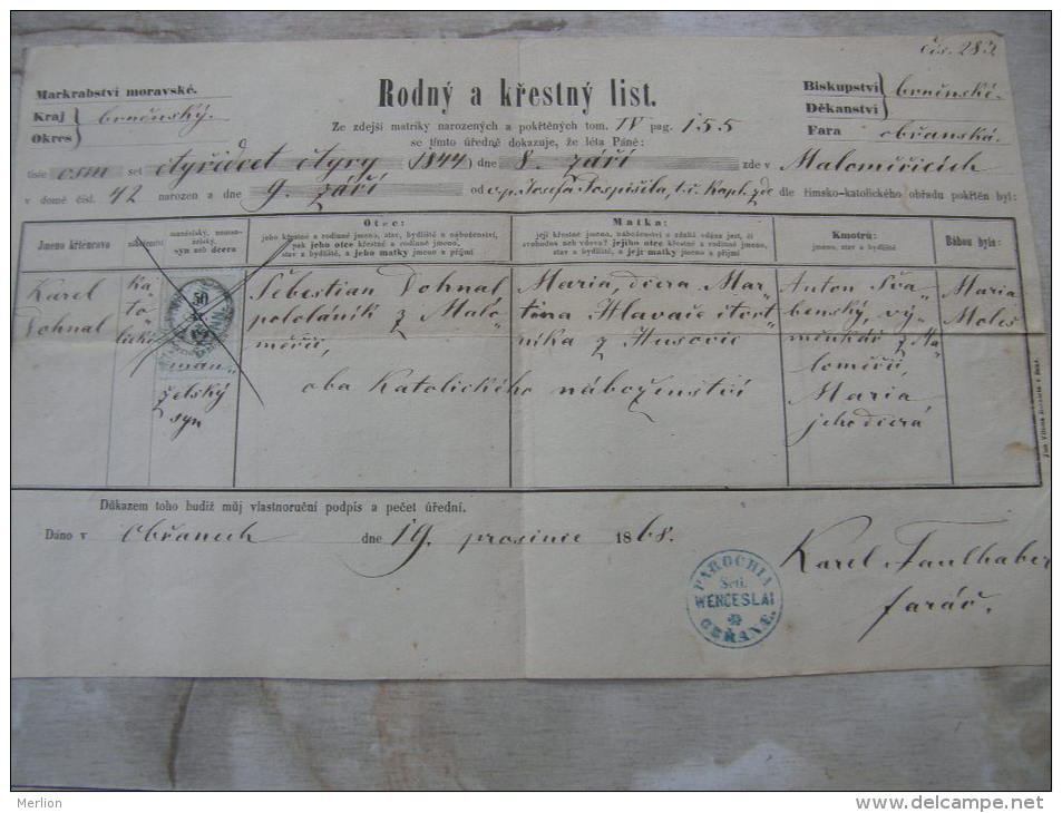 Old Paper - Czech Rep. -  Kraj Brnensky - Fara Brenska - Seti Wenceslai - Sebastian DOHNAL  1868   DC7.2 - Geboorte & Doop