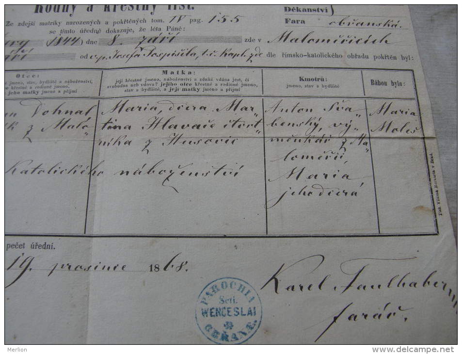 Old Paper - Czech Rep. -  Kraj Brnensky - Fara Brenska - Seti Wenceslai - Sebastian DOHNAL  1868   DC7.2 - Naissance & Baptême