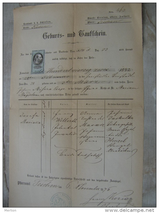 Old Paper - Czech Rep. Poland  - TESCHEN -SIlesia -  Diöcese Breslau Wroclaw - Josefa Willerth ?  1875   DC7.4 - Birth & Baptism