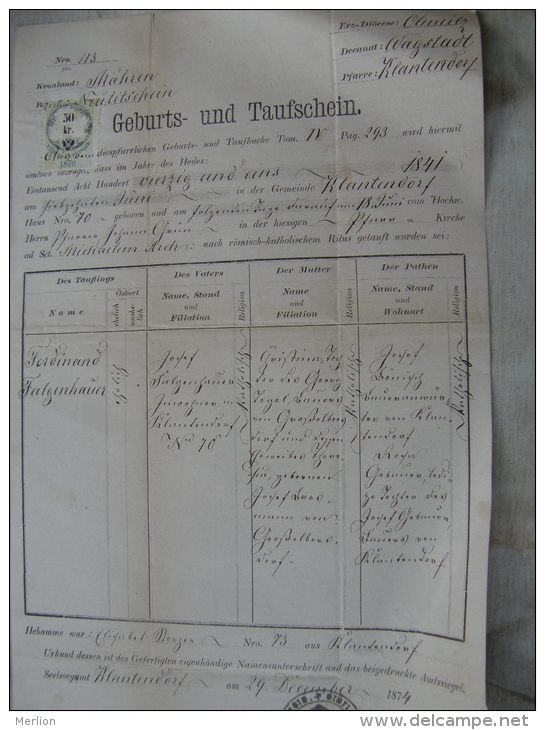 Old Paper - Czech Rep.  Klantendorf -Bezirk Neutitschein - Mähren - Moravskoslezsky Kraj - 1874   DC7.5 - Naissance & Baptême