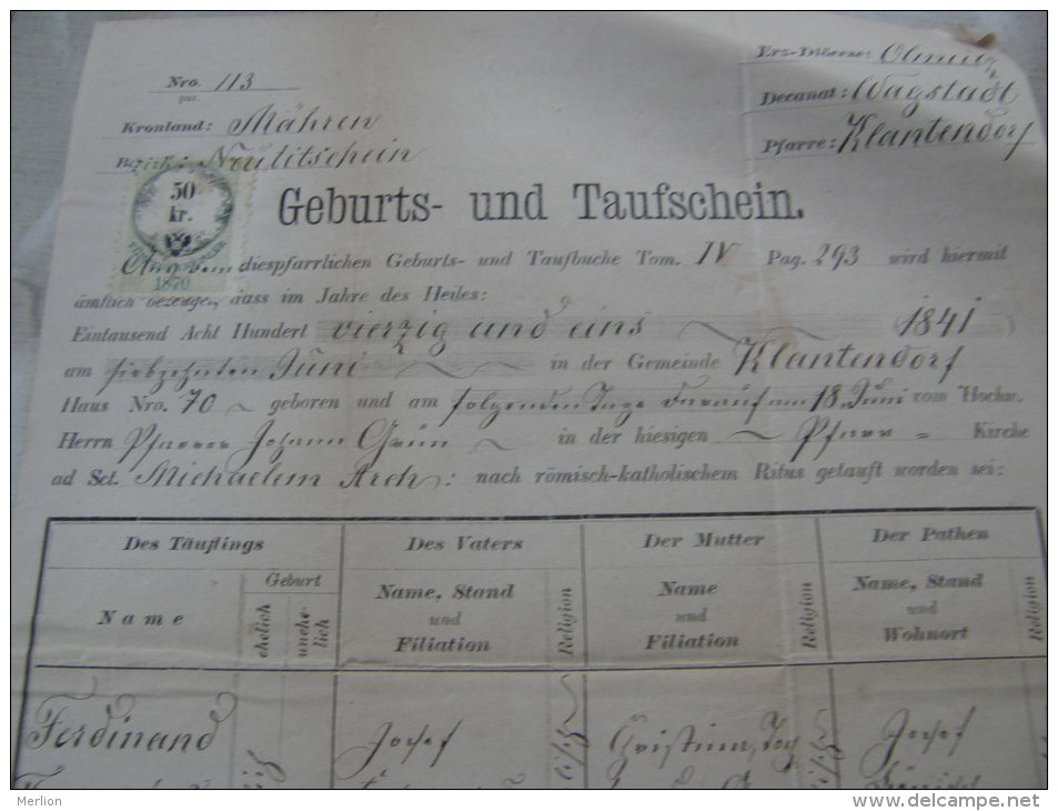 Old Paper - Czech Rep.  Klantendorf -Bezirk Neutitschein - Mähren - Moravskoslezsky Kraj - 1874   DC7.5 - Naissance & Baptême