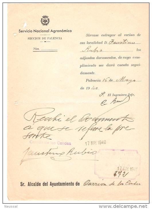 Papel Del Servicio Nacional Agronomico  Palencia  1940 - Otros & Sin Clasificación