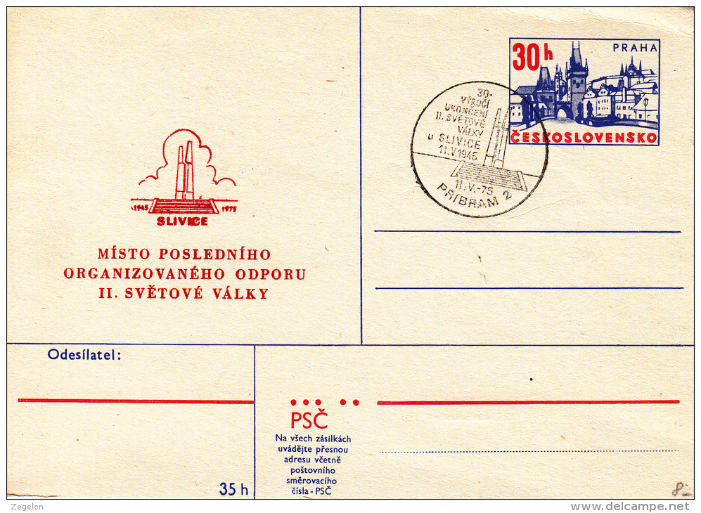 Tsjechoslowakije P186 Met Speciale Stempel Slivice 1975 - Cartes Postales