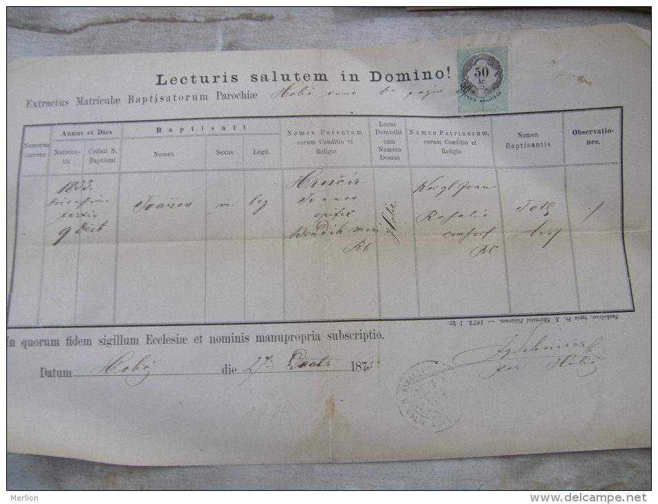 Old Paper -Slovakia -Holics -HolíÄ  - Joannes Krncir -  Maria Bondik   1875  DC9.1 - Birth & Baptism