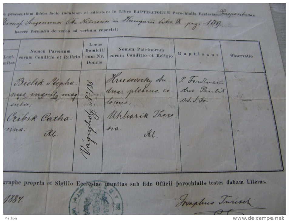 Old Birth Document - Slovakia -Vágújhely   Nové Mesto Nad Váhom -Theresia -Stephanus Bielik -Catharina Czibik 1884 DC9.5 - Naissance & Baptême