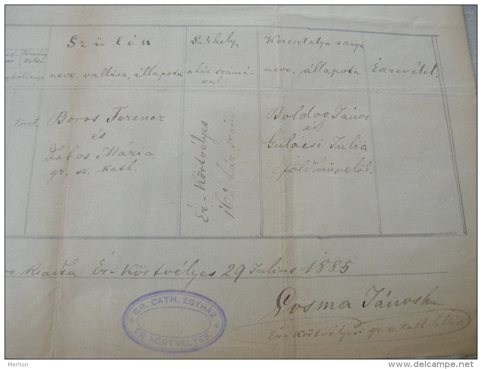 Old Birth Document - Hungary- Romania Érkörtvélyes   CurtuiÈ™eni -Bihar - Érmihályfalva - Julia -Boros Ferenc  1885 DC9. - Geburt & Taufe