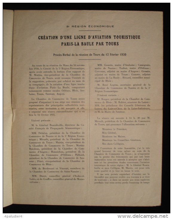 AVIATION TOURISME Création De La Ligne PARIS - LA BAULE Par TOURS 1931 - Avión