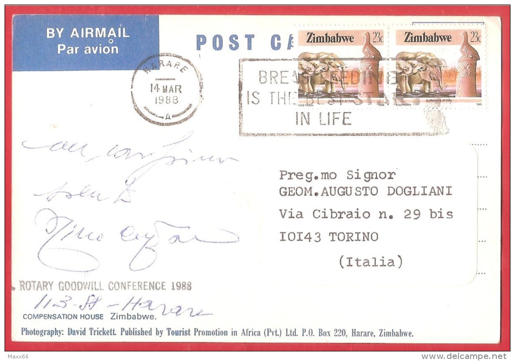 CARTOLINA VG ZIMBABWE - HARARE - Compensation House - 10 X 15 - ANNULLO HARARE 1988 - TIMBRO ROTARY CONFERENCE - Zimbabwe