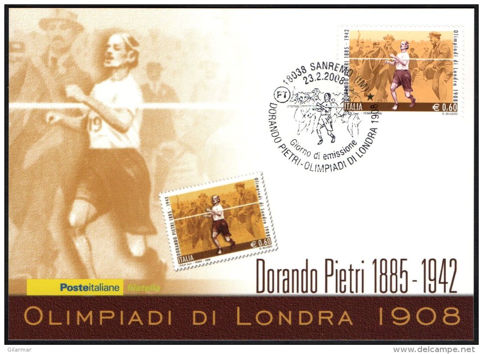 ATHLETICS / OLYMPIC GAMES - ITALIA SANREMO 2008 - DORANDO PIETRI - OLIMPIADI DI LONDRA 1908 - CARTOLINA POSTE ITALIANE - Verano 1908: Londres