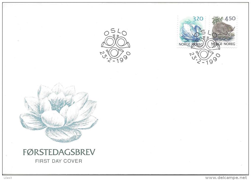 Oslo 23/2/1990 Oslo Série Nature Cygne Castor Animaux Oiseau Mammifère. Cor De Poste - FDC