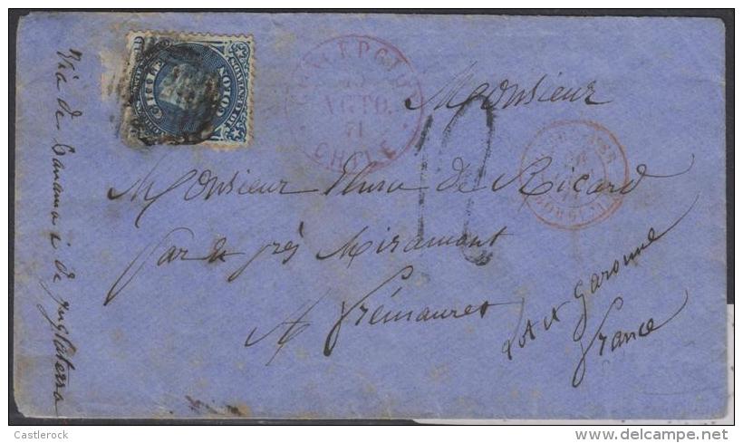 O) 1871 CHILE, CONCEPCION TO FRANCE MARITIME MAIL, 10 CTS, 12 CTS DUE BY FRENCH MAIL. OUTREMER/BORDEAUX XF- - Chile