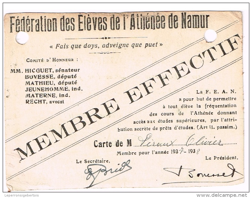 Fédération Des Elèves De L'Athénée De Namur Carte De Membre Effectif 1937-1938 - Autres & Non Classés