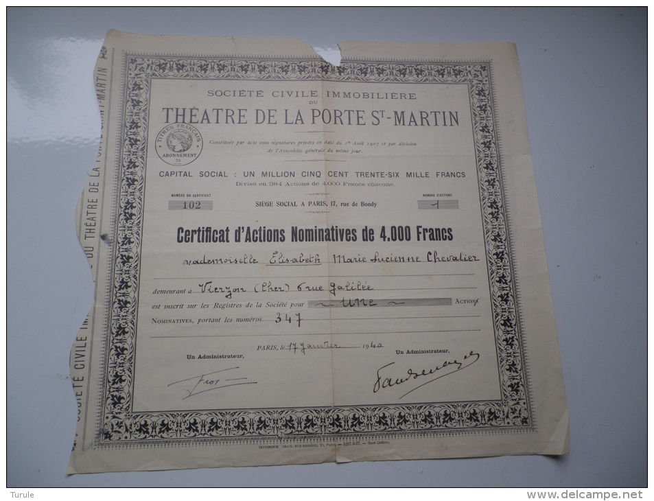 THEATRE DE LA PORTE SAINT MARTIN (1940) - Other & Unclassified