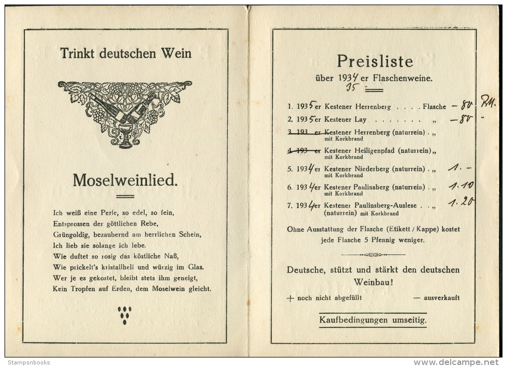 1934-5 Jacob Steffen Weinhofbauer Preisliste Moselweinlied - 1900 – 1949