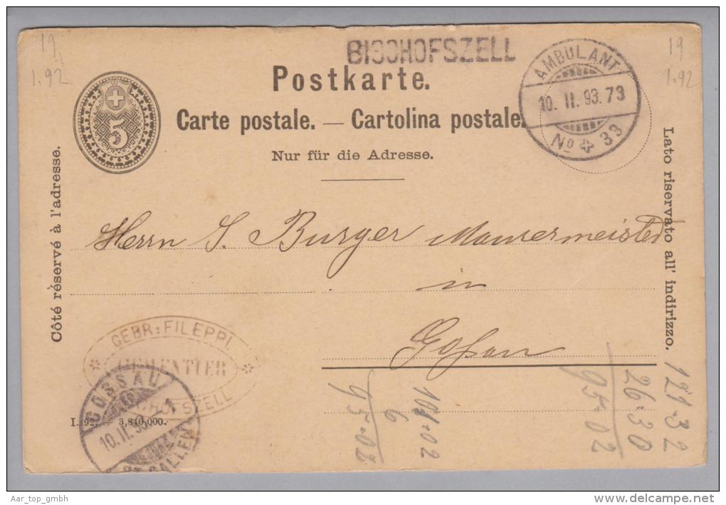 Heimat TG Bischofszell 1899-02-10 Ambulant Nr.33 L#73 Auf GS Nach Gossau - Brieven En Documenten