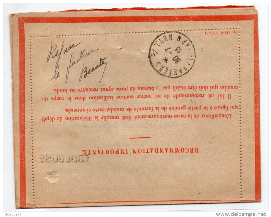 1933 - CP CONTRE REMBOURSEMENT De TOULOUSE, REEXPEDIEE, Avec TYPE PAIX PERFORE (AGRICULTURE) + TAXE - Lettres & Documents