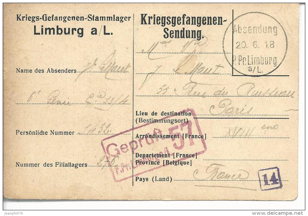 Envoi De Prisonnier  Du Camp De Limburg Sur Carte Dédiée Du Camp Censure Pour Paris - 1. Weltkrieg 1914-1918