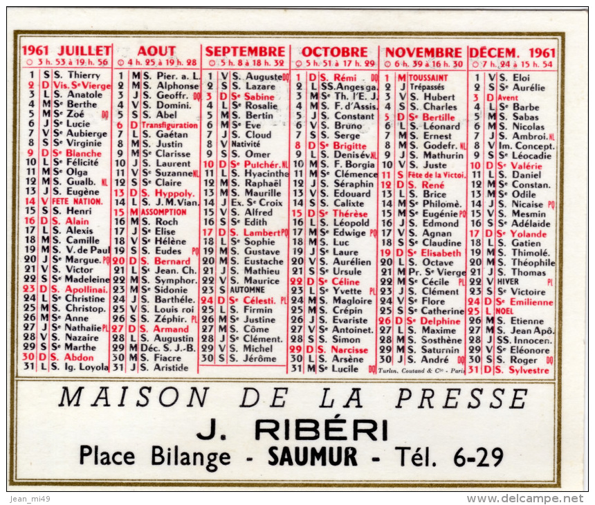 CALENDRIER - 1961 - MAISON DE LA PRESSE - J. RIBERI Place Bilange - SAUMUR - Small : 1961-70